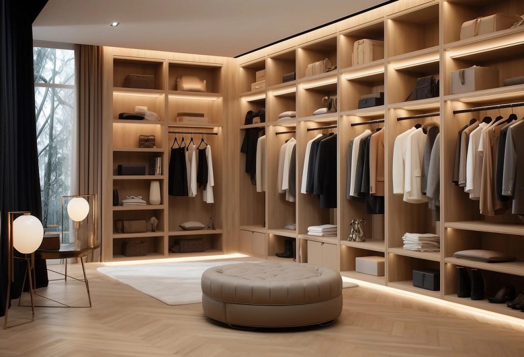 organized closet shelves with labeled compressed bedding bags