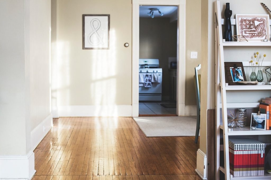 narrow apartment entryway cluttered with shoes